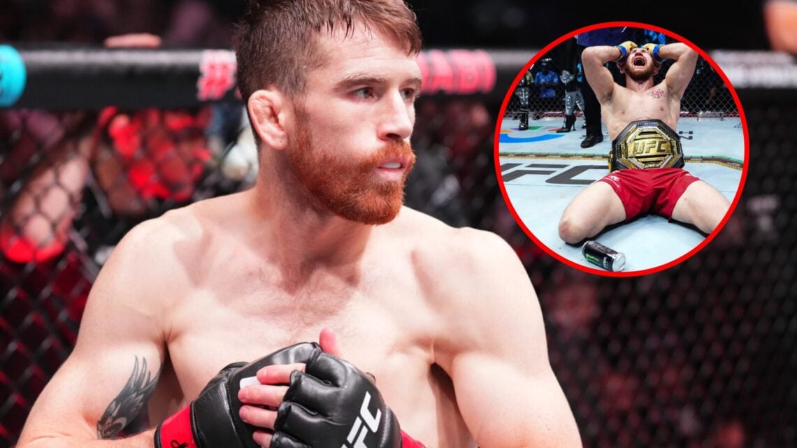 Main: Cory Sandhagen inside the cage for his fight against Umar Nurmagomedov at UFC Abu Dhabi. Inset: Merab Dvalishvili celebrates his win over Sea...