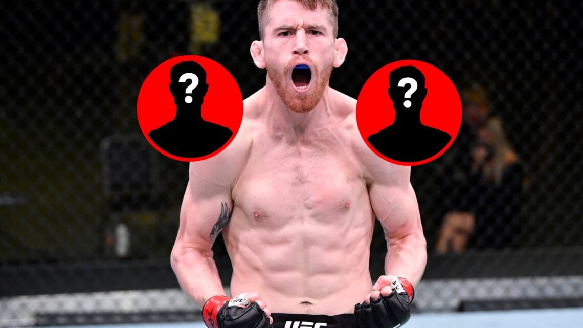 Image of Cory Sandhagen yelling after defeating Frankie Edgar at UFC Fight Night, with two mystery insets