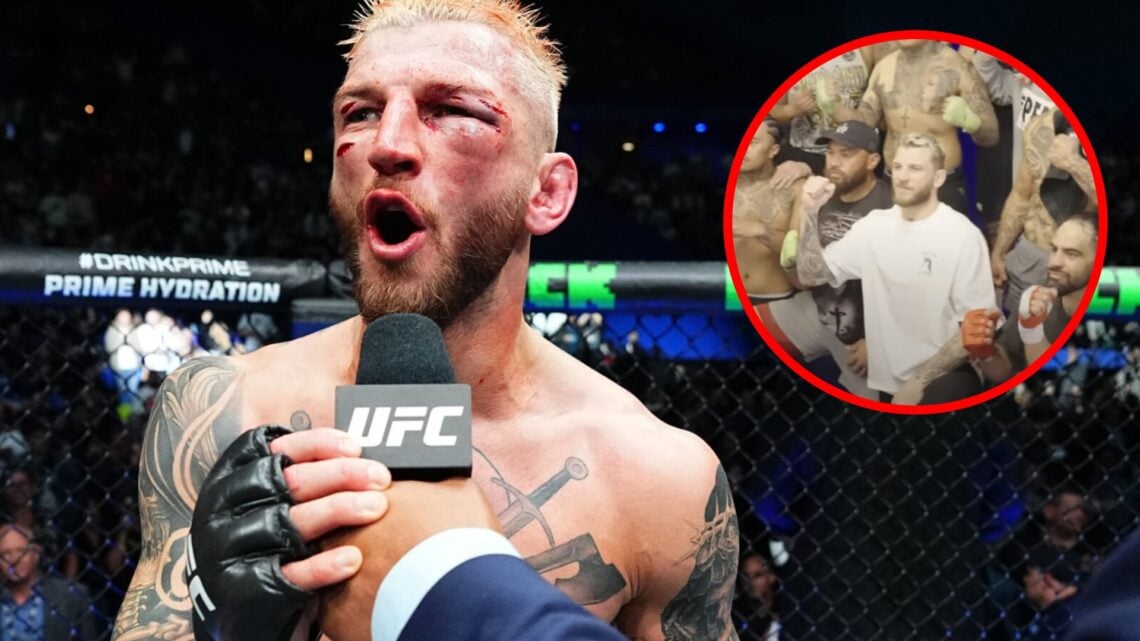Dan Hooker speaks after beating Mateusz Gamrot at UFC 305, inset Hooker poses for a photo alongside his '1 Minute Scraps' fighters