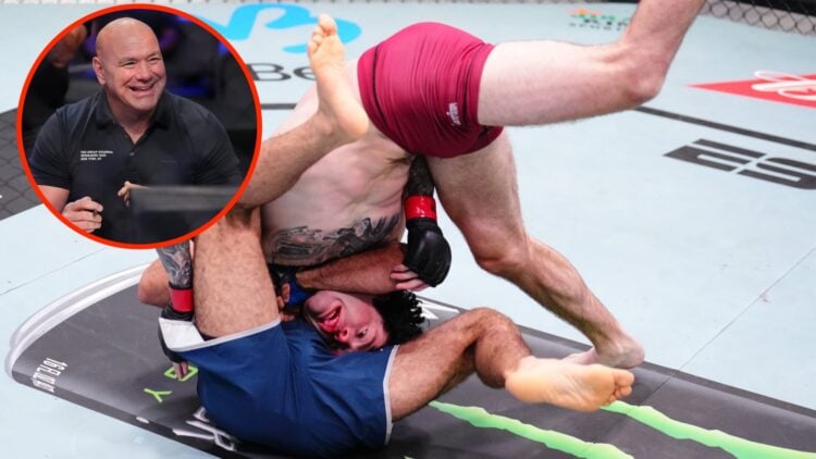 Tommy McMillen and David Mgoyan scramble during DWCS fight with an inset of Dana White reacting
