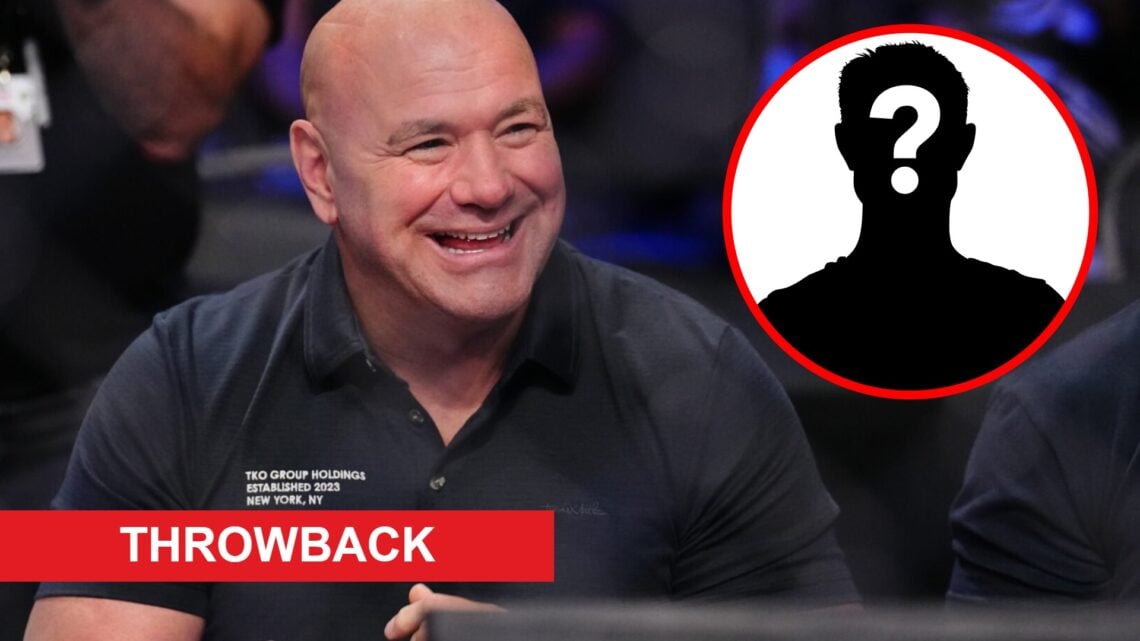 Dana White attends a fight during Dana White's Contender Series season 9 week 5, inset mystery icon and throwback banner