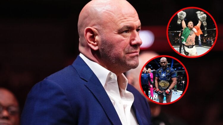 Dana White at UFC event, with inset of Conor McGregor holding two belts, Jon Jones celebrating after UFC title win