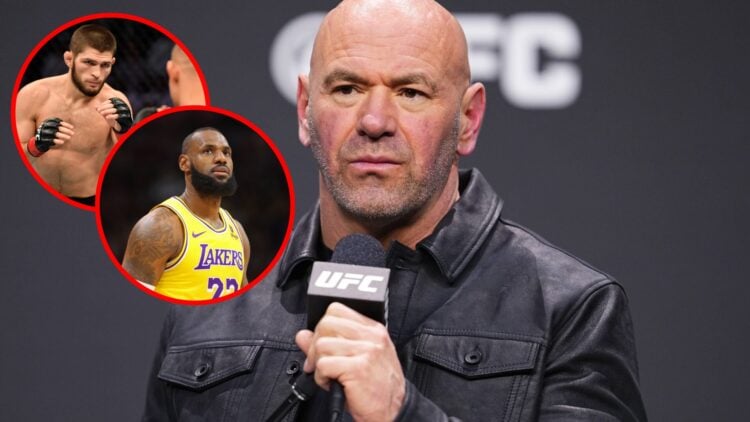 Dana White at UFC press conference, inset of Khabib Nurmagomedov facing Dustin Poirier, LeBron James during NBA game