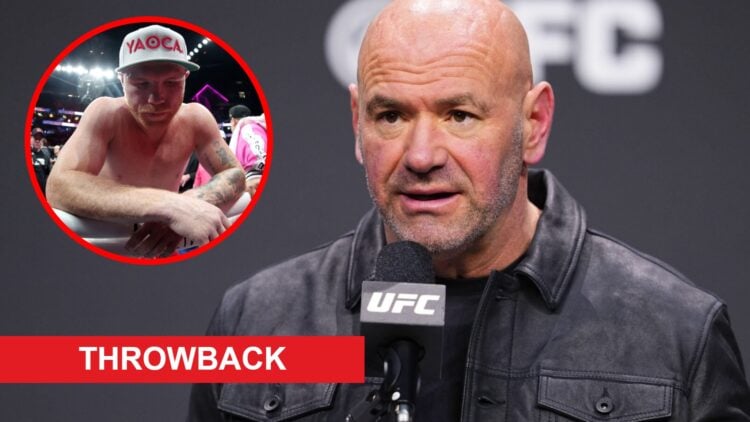 Dana White speaks on stage at the UFC 2024 seasonal press conference, inset Canelo Alvarez reacts after being beaten by Dmitry Bivol, throwback banner