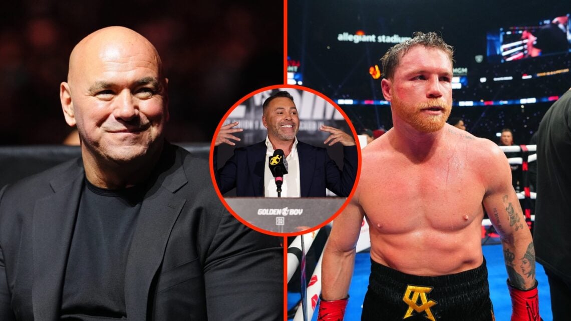 Dana White during Canelo vs Crawford split with Canelo Alvarez moments after his loss with an inset of Oscar De La Hoya at a press conference