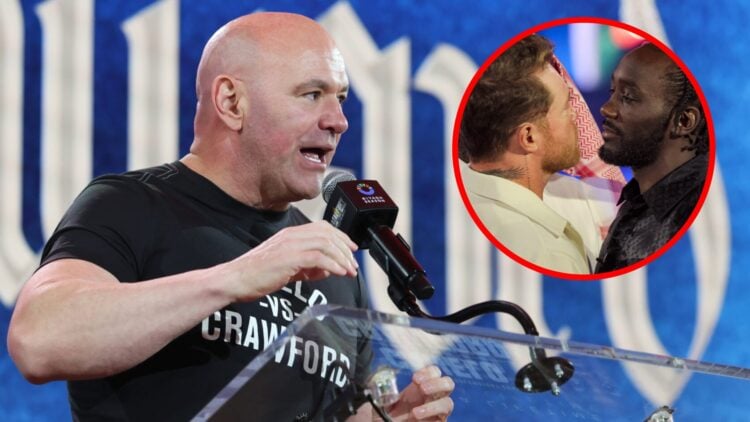 Dana White speaks on stage at a press conference at Fanatics Fest, inset Canelo Alvarez faces off with Terence Crawford in Riyadh