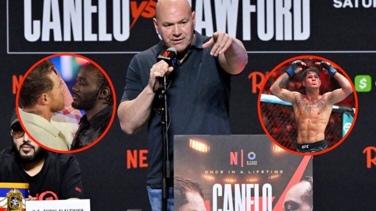 Dana White speaks to the crowd at the Canelo vs Crawford press conference with overlays of Canelo Alvarez faces off with Terence Crawford during a ...