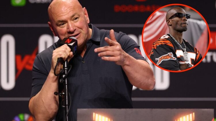Dana White answers question during Canelo vs Crawford press conference with an inset of Chad Johnson