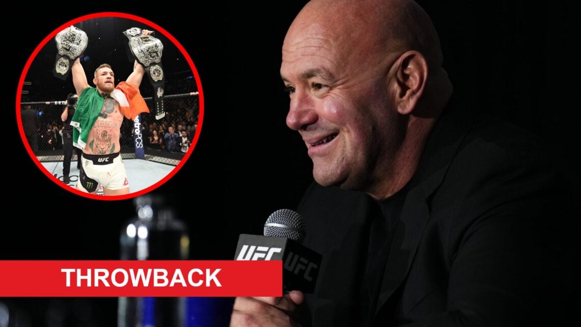 Dana White speaks at the UFC 313 press conference, inset Conor McGregor holds up two UFC titles after beating Eddie Alvarez at UFC 205, throwback b...