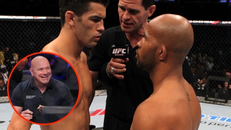 Dominick Cruz and Demetrious Johnson face off with an inset of Dana White