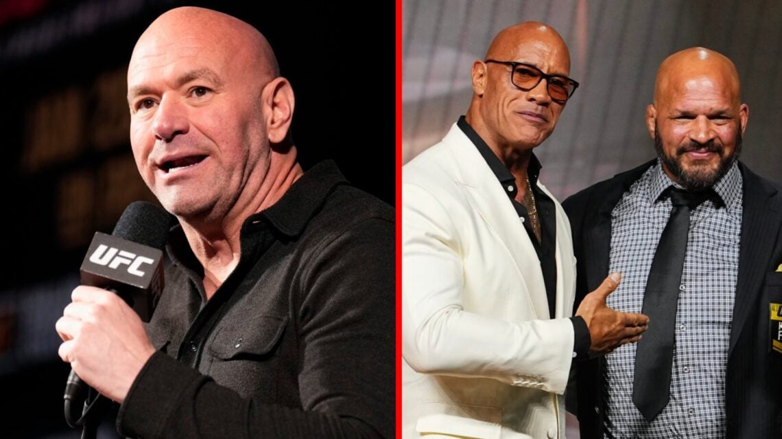 Dana White speaks at a UFC press conference, inset of Dwayne Johnson with Mark Kerr