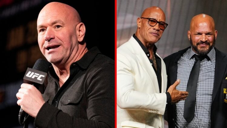 Dana White speaks at a UFC press conference, inset of Dwayne Johnson with Mark Kerr