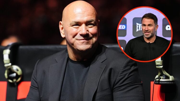 Dana White during the Canelo vs Crawford event with an inset of Eddie Hearn during a media conference