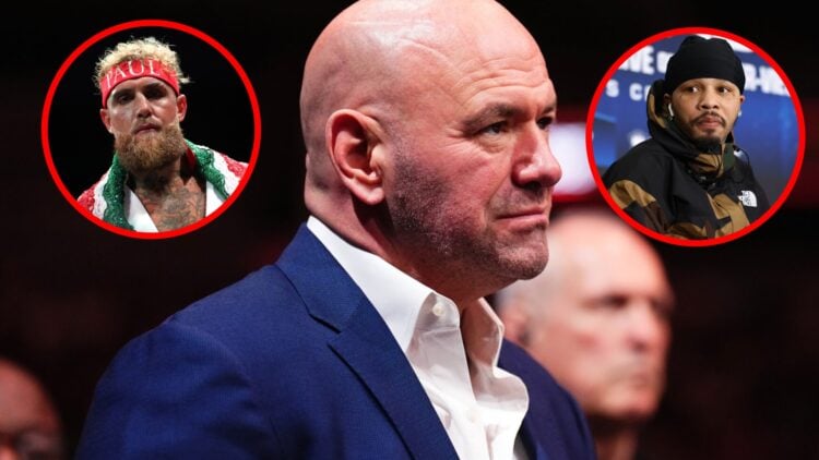 Dana White watches on at UFC 300, insets of Jake Paul and Gervonta Davis