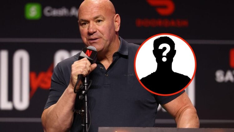 Center: Dana White speaks during a pre-fight press conference ahead of Canelo Alvarez vs. Terence Crawford in Las Vegas, Nevada. Insert: Mystery Fi...