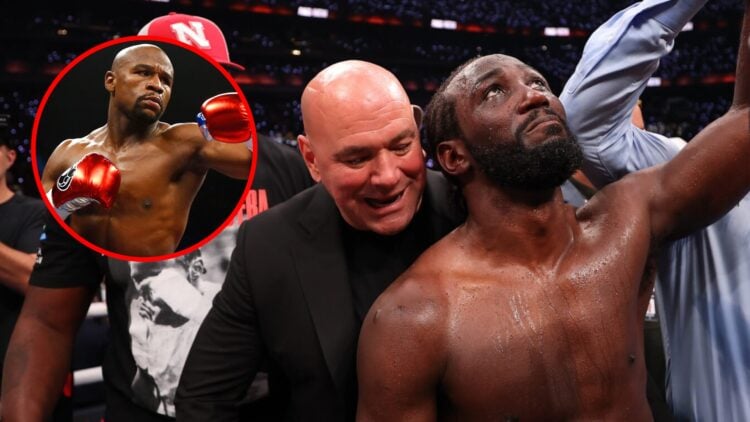 Main: Dana White awards the belt to Terence Crawford after his win over Canelo Alvarez. Inset: Floyd Mayweather throws a punch during his fight aga...