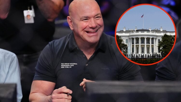 Dana White in attendance at Dana White's Contender Series with an insert of an image of the White House