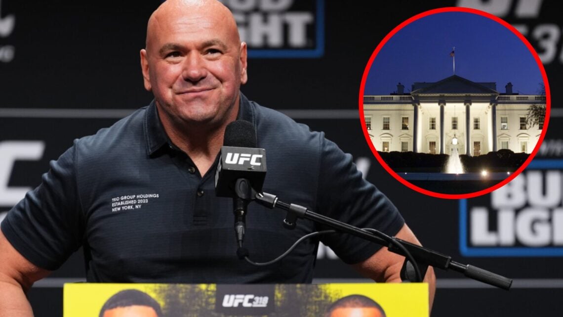 Dana White on stage at the UFC 318 press conference, inset the White House pictured in the evening in 2001