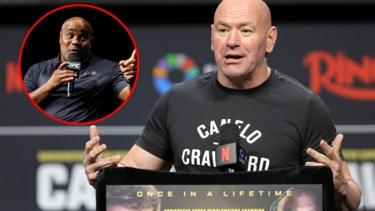 Main: Dana White speaks at a pre-fight press conference while promoting Canelo Alvarez vs. Terence Crawford. Inset: Daniel Cormier on stage during ...