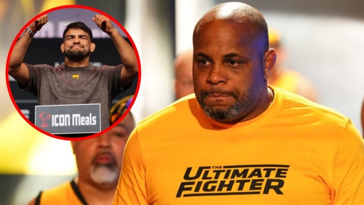 Daniel Cormier looks on while coaching The Ultimate Fighter, inset Kelvin Gastelum smiles on stage at the Noche UFC ceremonial weigh-ins
