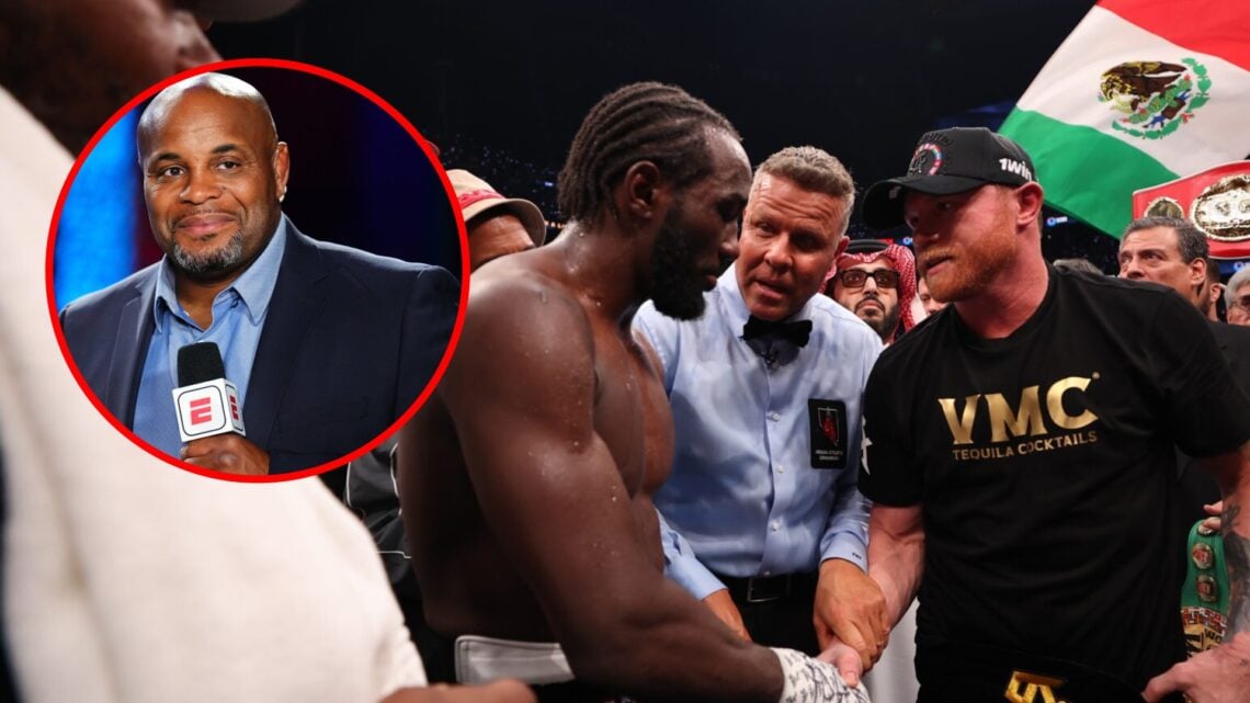 Main: Terence Crawford and Canelo Alvarez embrace following fight. Inset: Daniel Cormier on the broadcast during Dana White's Contender Series seas...