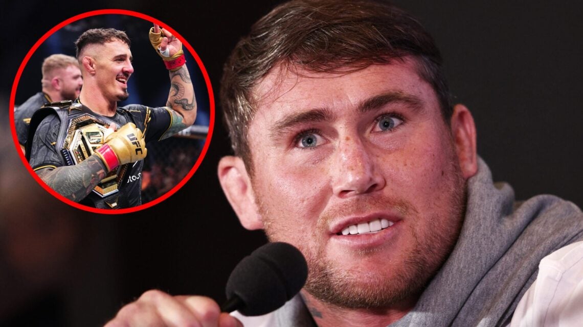 Darren Till speaks at the Misfits 22 press conference, inset of Tom Aspinall celebrating his UFC 304 win