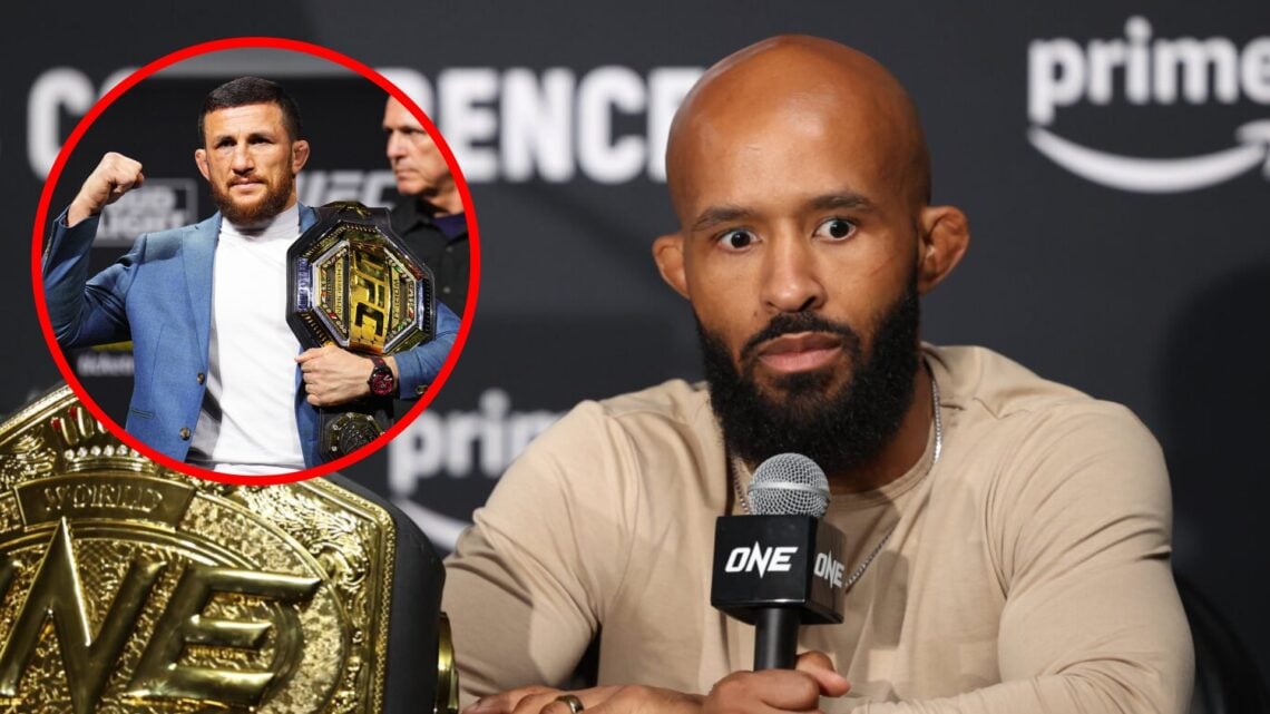 Demetrious Johnson on stage at the ONE Championship Fight Night 10 press conference, inset Merab Dvalishvili poses on stage at the UFC 311 press co...