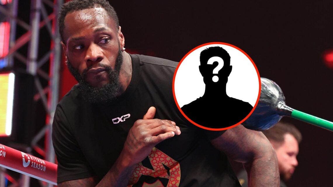 Center: Deontay WIlder during the open workouts ahead of his fight with Zhilei Zhang in June, 2024. Insert: Mystery Fighter