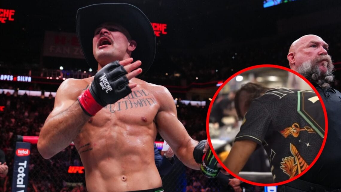 Diego Lopes celebrates after beating Jean Silva at Noche UFC, inset Lopes is sick into a bin backstage at Noche UFC