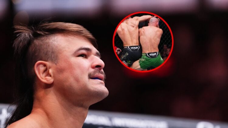 Diego Lopes at Noche UFC, with inset of Diego Lopes landing spinning back elbow on Jean Silva at Noche UFC