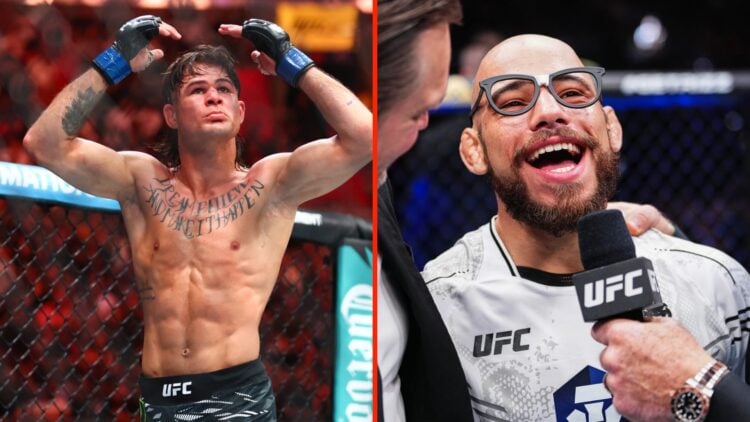 Diego Lopes reacts prior to fighting Alexander Volkanovski and Joe Rogan talks with UFC star Jean Silva and a translator after Silva's win at UFC 314