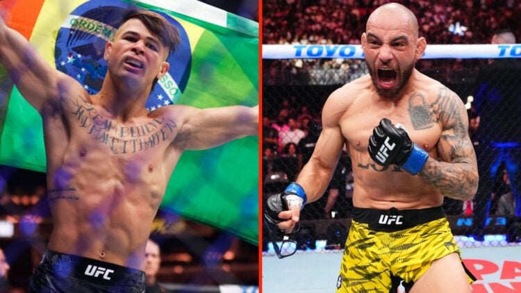 Diego Lopes holding both Brazilian and Mexican flags at UFC 295 and Jean Silva celebrates his win over Bryce Mitchell at UFC 314.