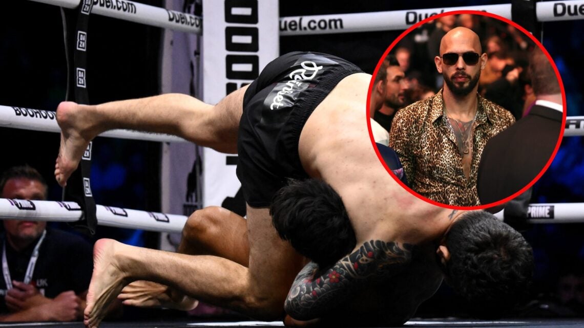 Main photo shows Dillon Danis choking out Warren Spencer. Bubble shows Andrew Tate at a UFC show