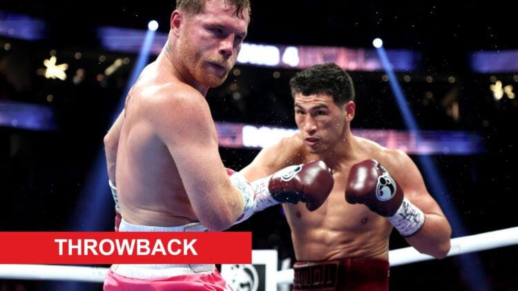 Canelo Alvarez takes a shot from Dmitry Bivol in their 2022 fight