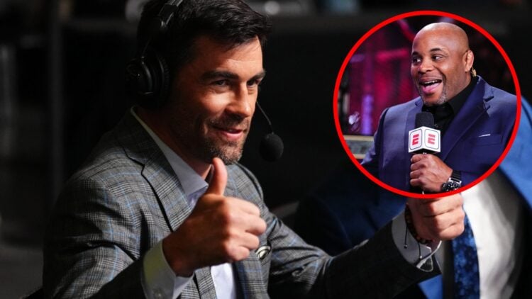 Dominick Cruz reacts to his retirement video at the UFC Apex, inset Daniel Cormier speaks into a ESPN microphone at UFC 300