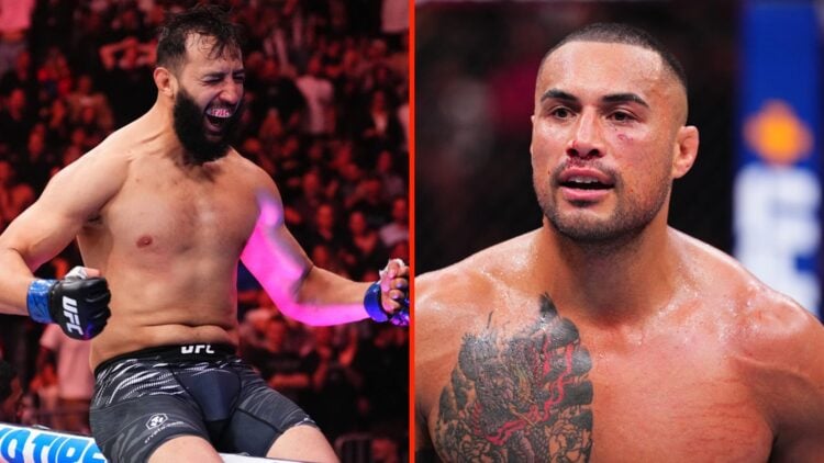 Carlos Ulberg stands in the octagon and Dominick Reyes celebrates on the cage at UFC 314
