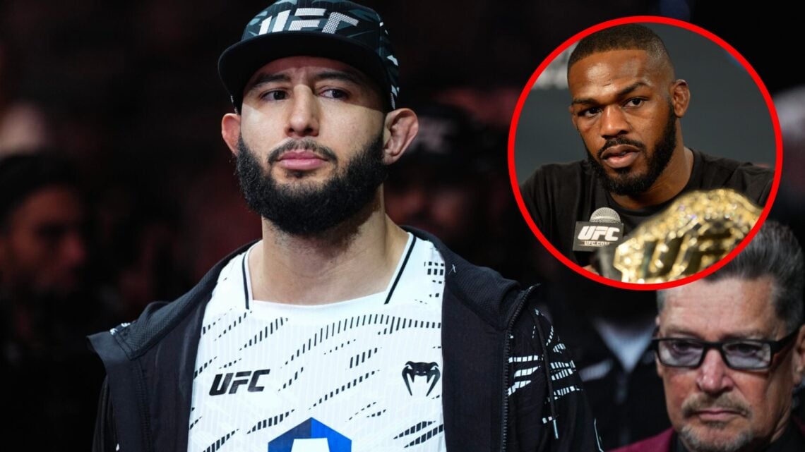 Dominick Reyes prepares to face Anthony Smith at UFC 310, inset Jon Jones speaks at the UFC 182 post fight press conference
