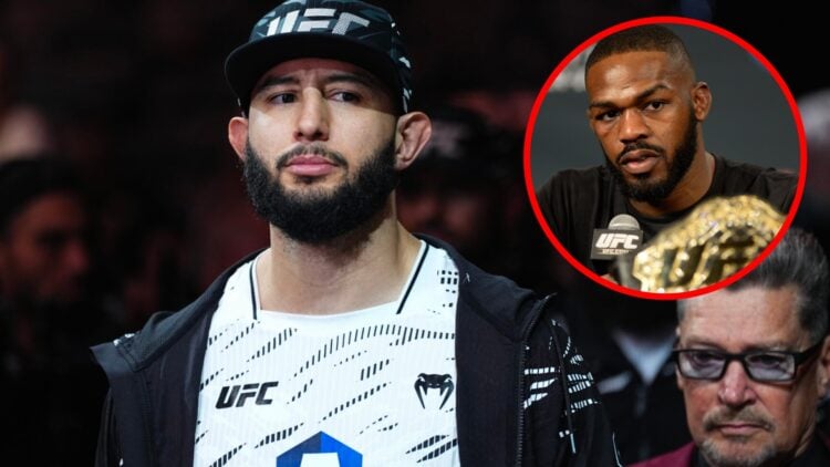 Dominick Reyes prepares to face Anthony Smith at UFC 310, inset Jon Jones speaks at the UFC 182 post fight press conference
