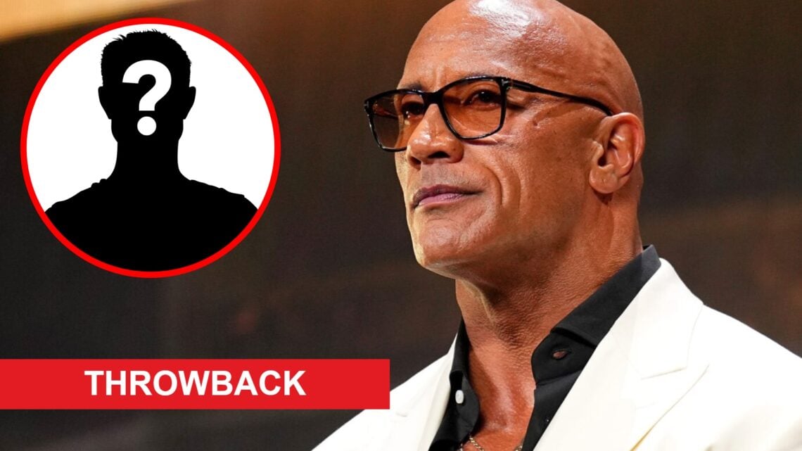 Dwayne 'The Rock' Johnson on stage at the UFC Hall of Fame Class of 2025 Induction Ceremony, inset mystery icon and throwback banner