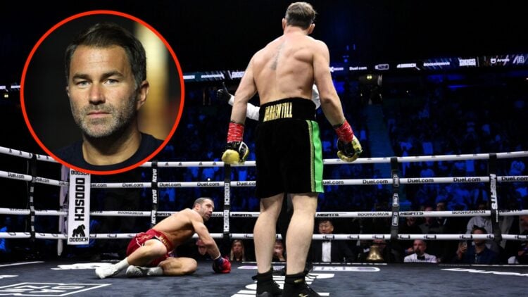 Darren Till looks on after knocking down Luke Rockhold with an inset of Eddie Hearn at a press conference