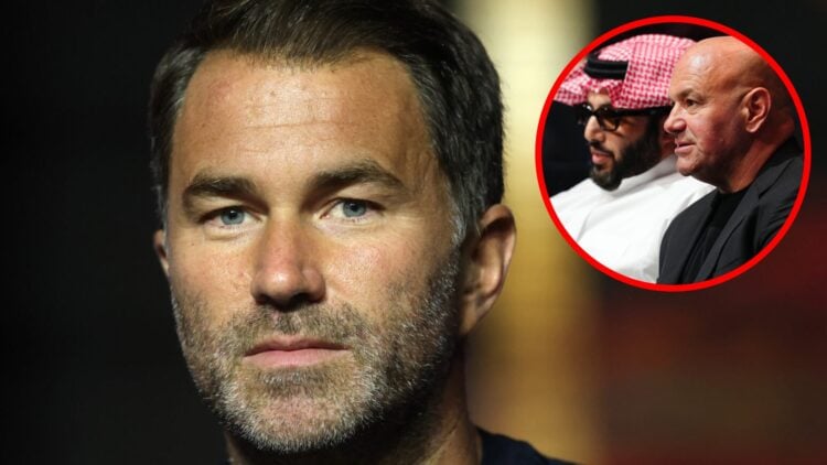 Eddie Hearn looks on during a press conference for Dillian Whyte vs Moses Itauma, inset Turki Alalshikh and Dana White look on during Canelo vs Cra...