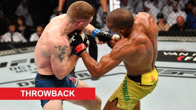 Edson Barboza punches Paul Felder at UFC 242, inset throwback banner