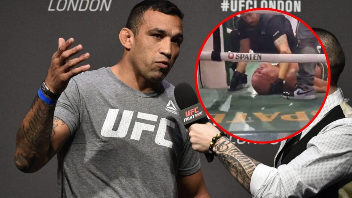 Main: Fabricio Werdum speaks on stage during the UFC London ceremonial weigh-ins. Inset: Wanderlei Silva lies on the canvas after being knocked out...