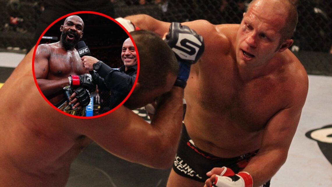 Main: Fedor Emelianenko punches Dan Henderson during their main event fight at a Strikeforce event in 2011. Inset: Jon Jones is interviewed by Joe ...