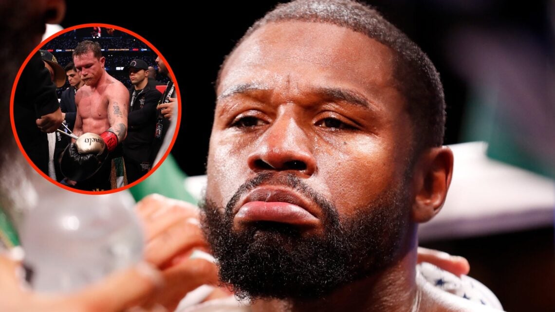 Floyd Mayweather during his fight against Logan Paul with an inset of Canelo Alvarez following his loss to Terence Crawford