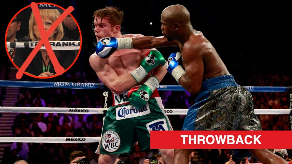 Floyd Mayweather punches Canelo Alvarez, inset of CJ Ross crossed out by an X