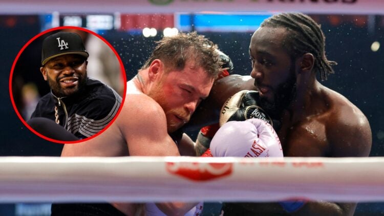 Main: Canelo Alvarez and Terence Crawford exchange punches during their super middleweight title fight. Inset: Floyd Mayweather at Houston Rockets ...