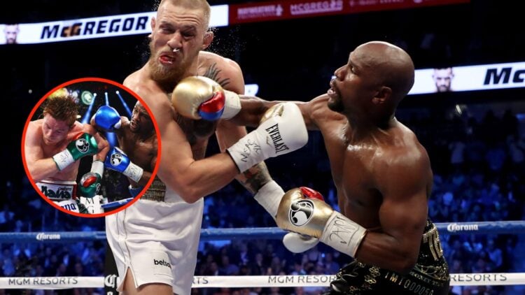 Floyd Mayweather lands a right hand on Canelo Alvarez and Floyd Mayweather hits Conor McGregor with a right hand