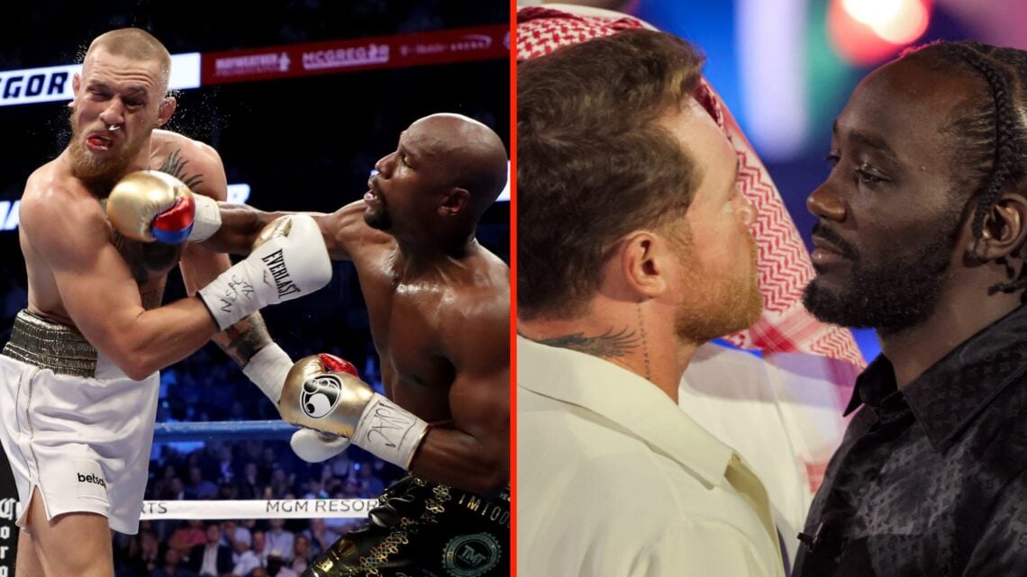Floyd Mayweather hits Conor McGregor with a right hand AND Canelo Alvarez faces off with Terence Crawford during a pre-fight press conference ahead...