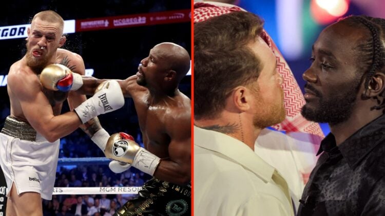 Floyd Mayweather hits Conor McGregor with a right hand AND Canelo Alvarez faces off with Terence Crawford during a pre-fight press conference ahead...